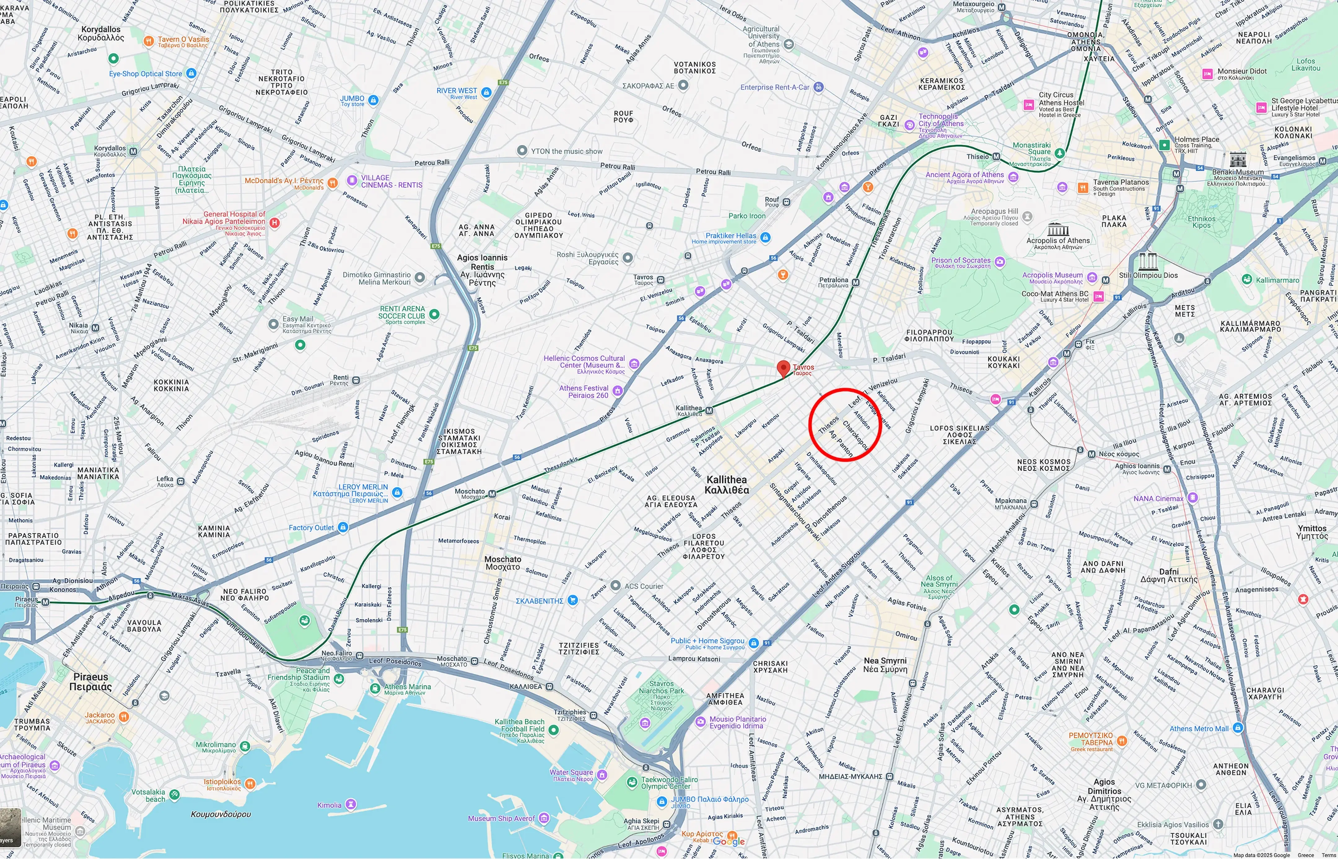Detailed Kallithea Athens location map showing penthouse position and nearby amenities including metro stations, cafes, and shopping areas